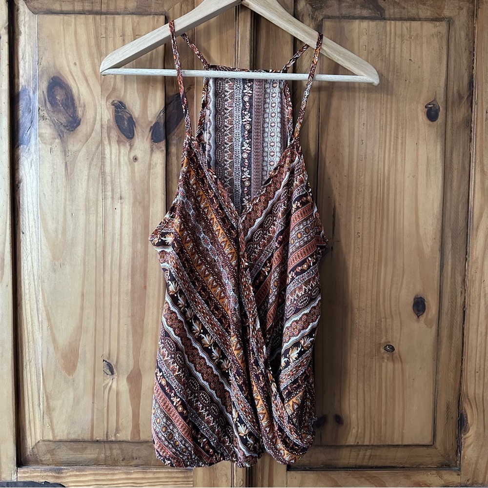 Wrap Around V Neck Racerback Tank Top Bohemian Brown Orange Black White XL - Picture 1 of 7